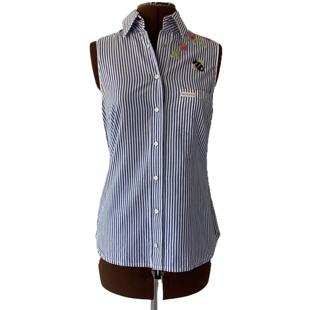 Fornarina Stiped Sleeveless Button Front with Beaded Appliques